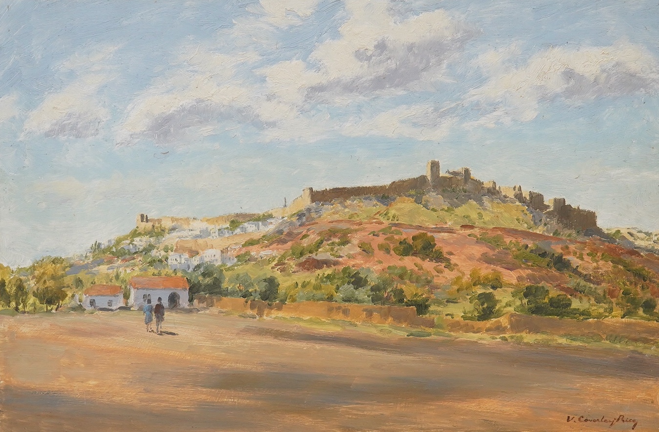 Victor Coverley-Price (1901-1988), oil on board, Landscape with walled city, signed, 30 x 46cm, unframed. Condition - good